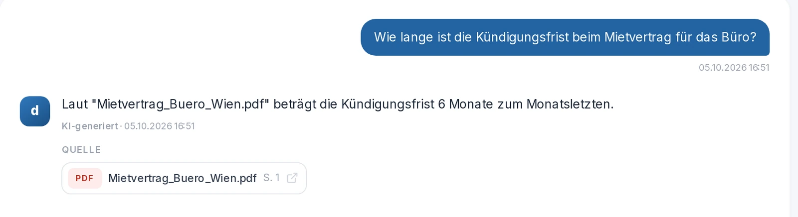 docuwise Chat: Frage nach der Kündigungsfrist des Büro-Mietvertrags, Antwort mit Quelldokument und Seite
