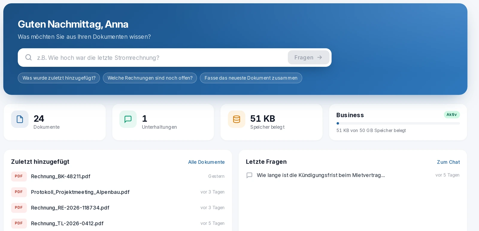 docuwise Startseite der Demo-Instanz mit Frage-Feld, zuletzt hinzugefügten Dokumenten, letzten Fragen und Kategorien