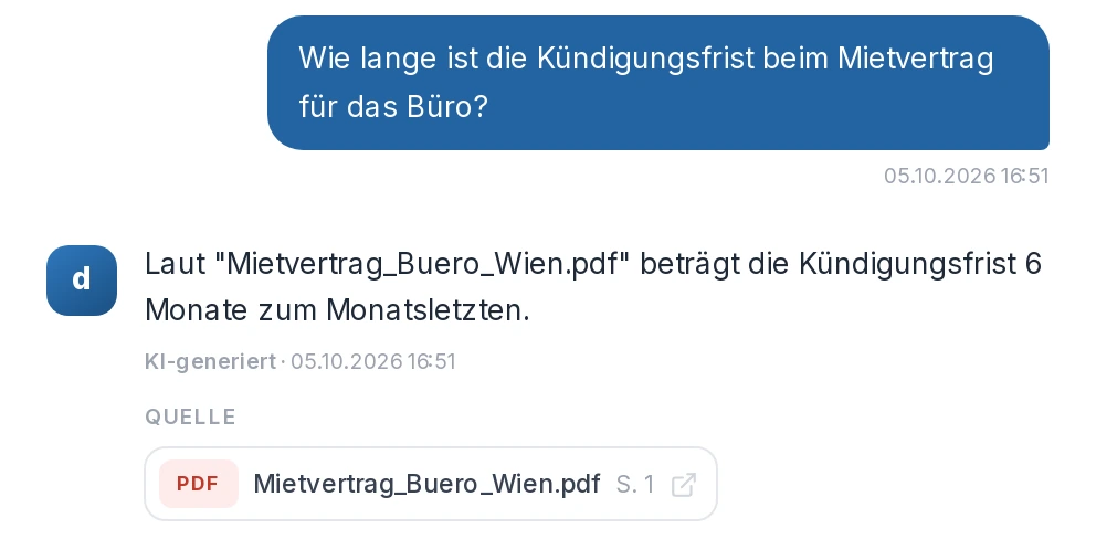 docuwise Chat: Frage an die Dokumentation, Antwort mit Quelldokument