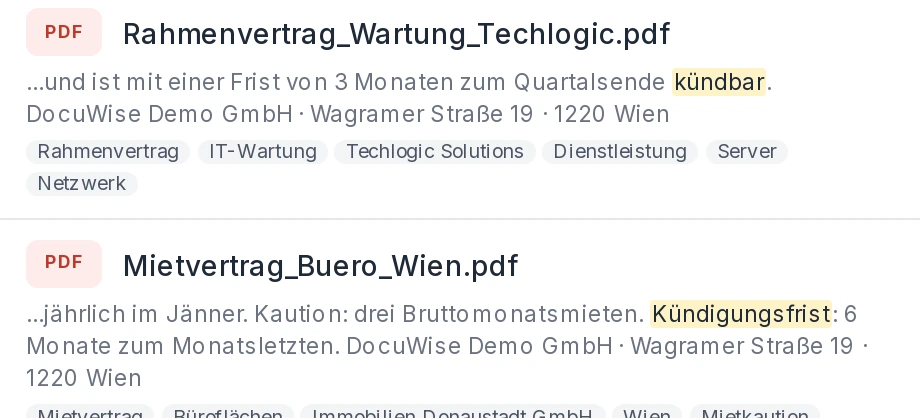 docuwise Volltextsuche mit markierter Fundstelle und Schlagworten