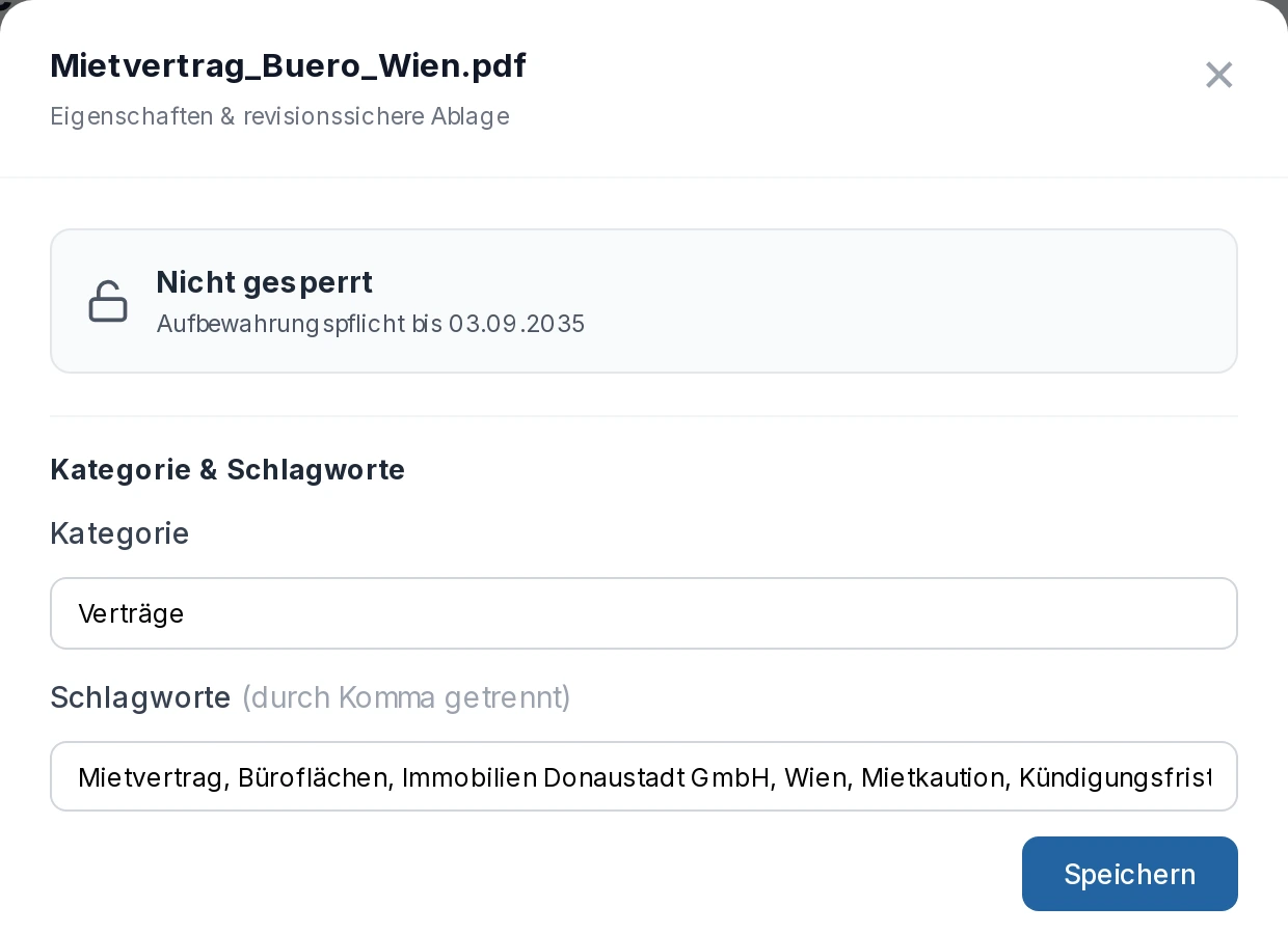Eigenschaften eines Mietvertrags mit Kategorie Verträge und automatisch vergebenen Schlagworten