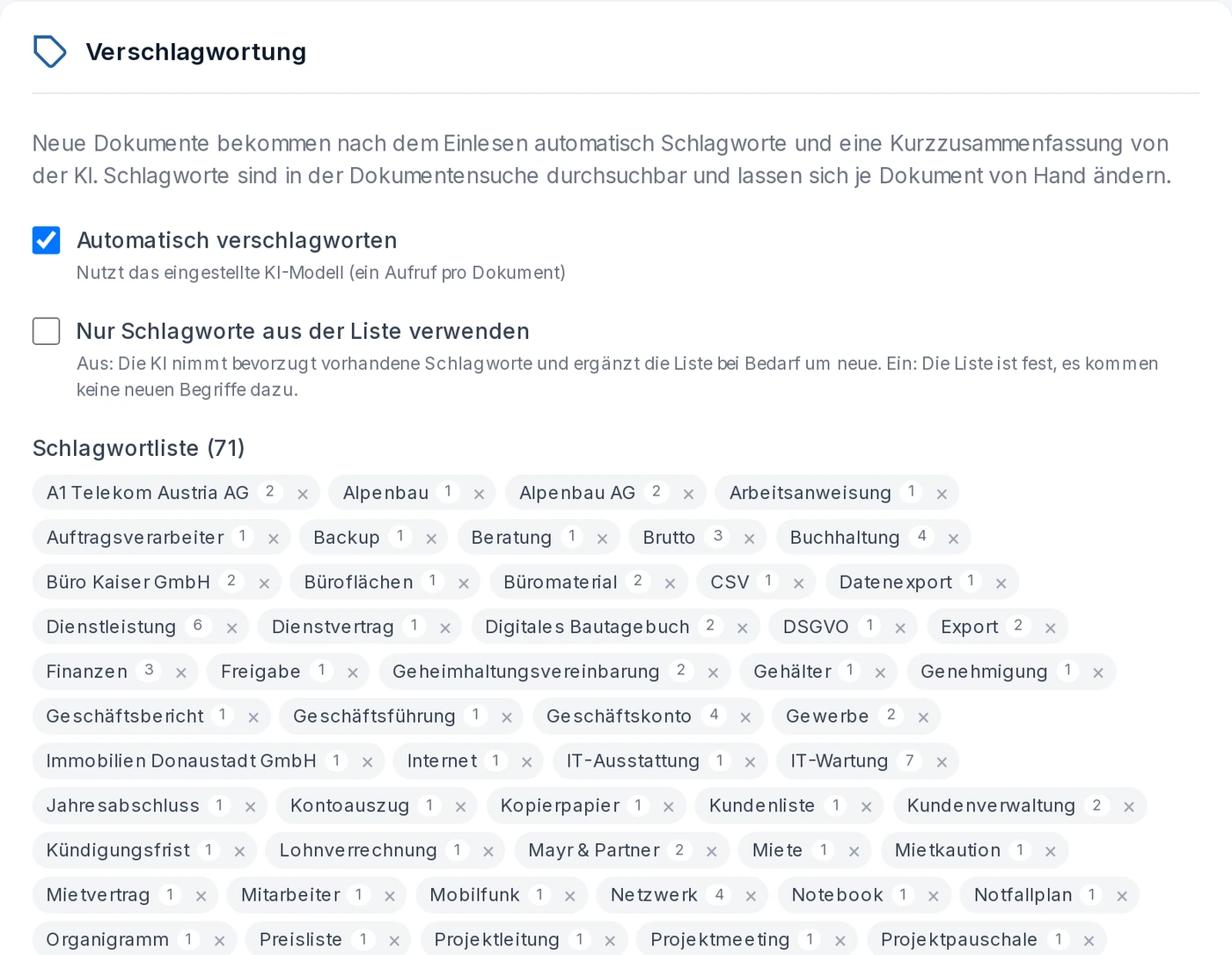 Einstellungen Verschlagwortung: automatische Verschlagwortung aktiv, Schlagwortliste mit Anzahl der Dokumente