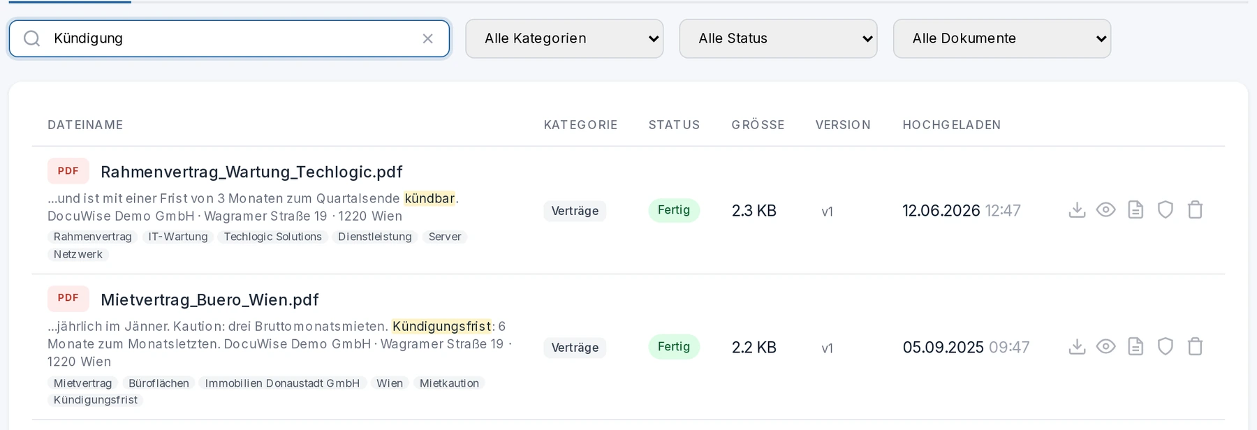 Suche nach Kündigung: Rahmenvertrag und Mietvertrag mit markierter Fundstelle und Schlagworten